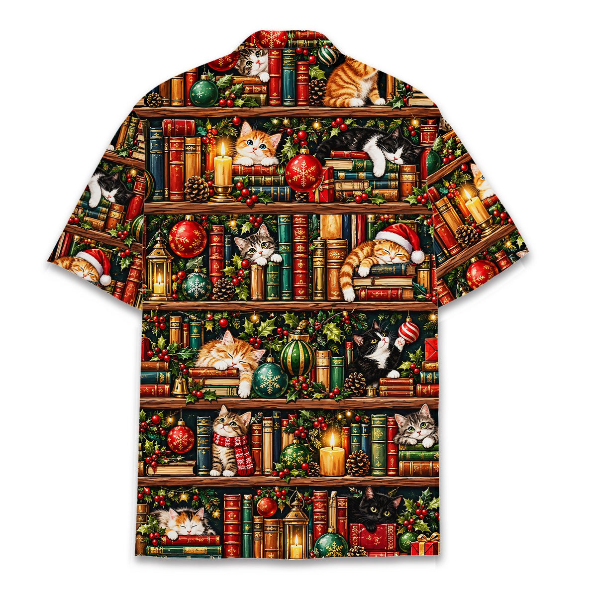 Back view of the matching family hawaiian shirt with all-over vintage bookshelf print