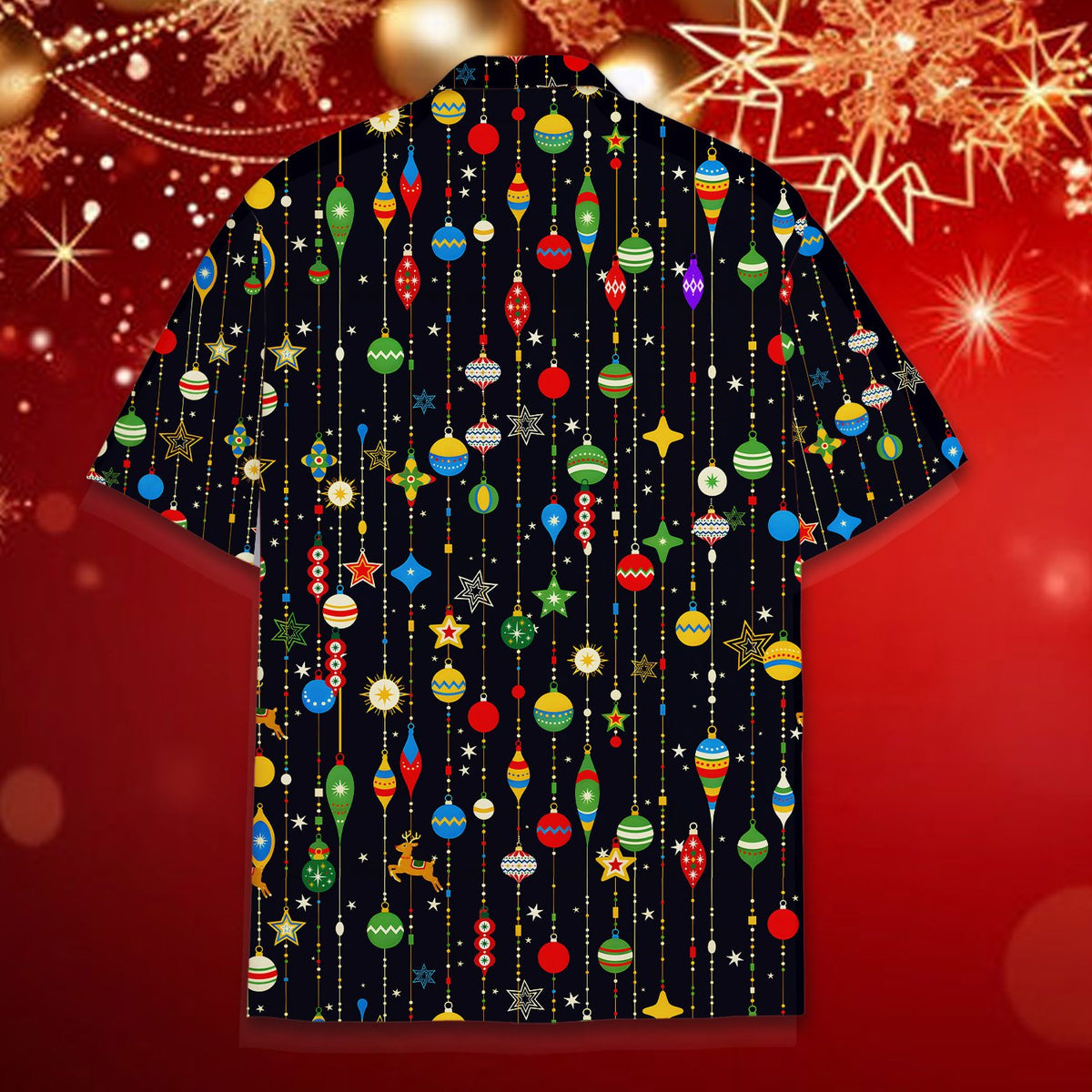 Back view of the christmas hawaiian shirt showing the vertical ornament strings