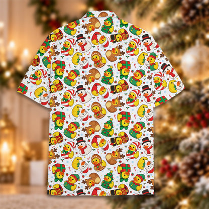 Back view of the christmas hawaiian shirt with festive duck characters