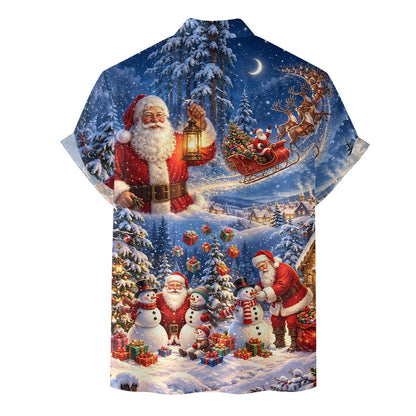 Back view of the christmas hawaiian shirt showing the snowy village