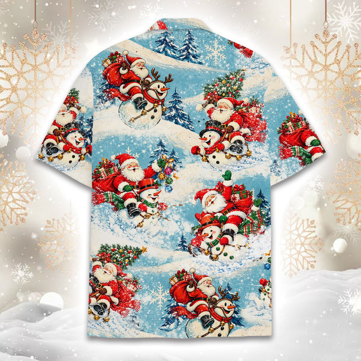 Back detail of the Christmas hawaiian shirt with snowy background