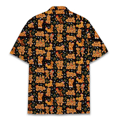 Christmas hawaiian shirt with funny gingerbread men pattern, back view