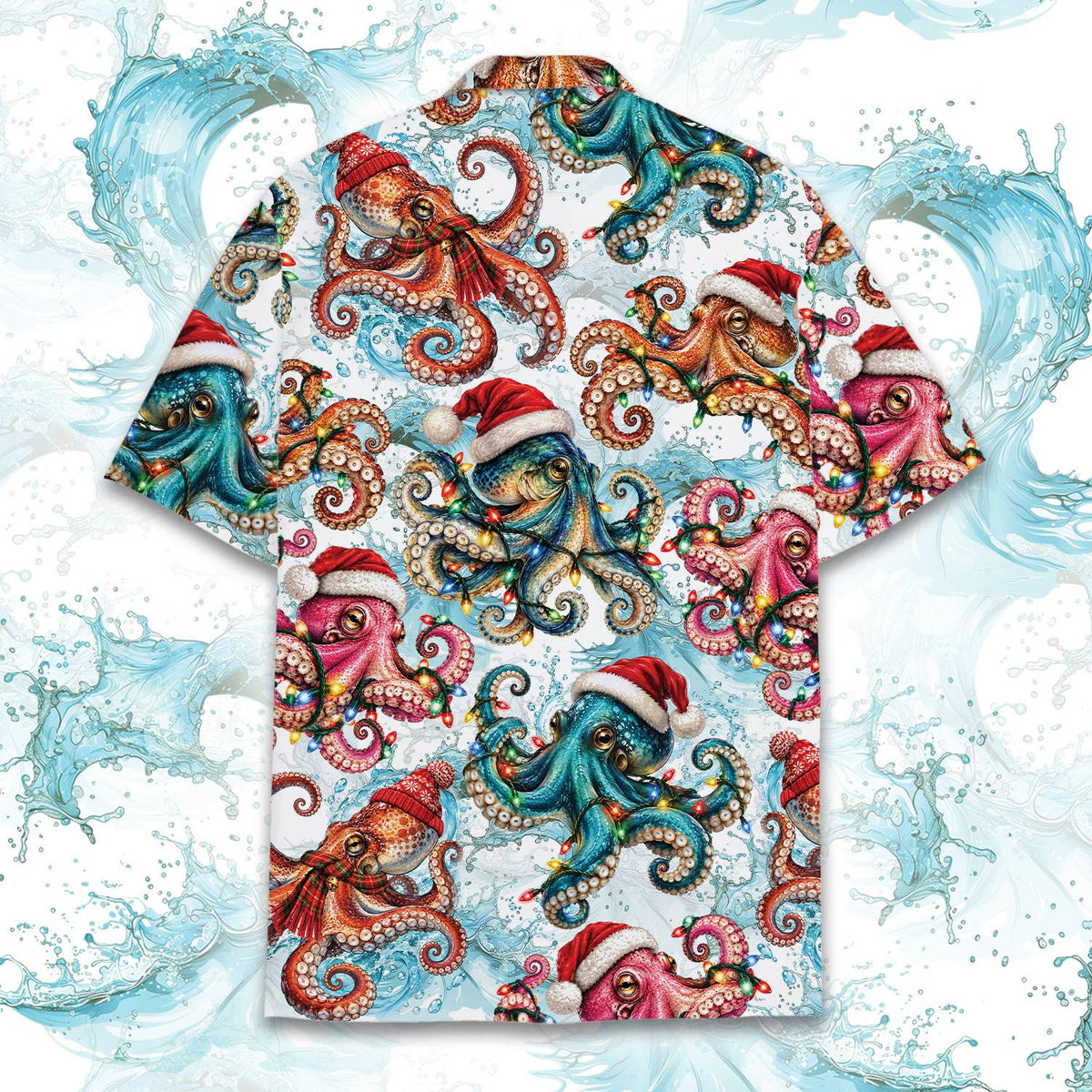 Back view of the white and blue holiday hawaiian shirt