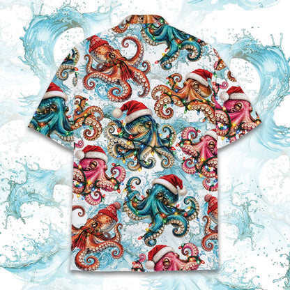 Back view of the white and blue holiday hawaiian shirt