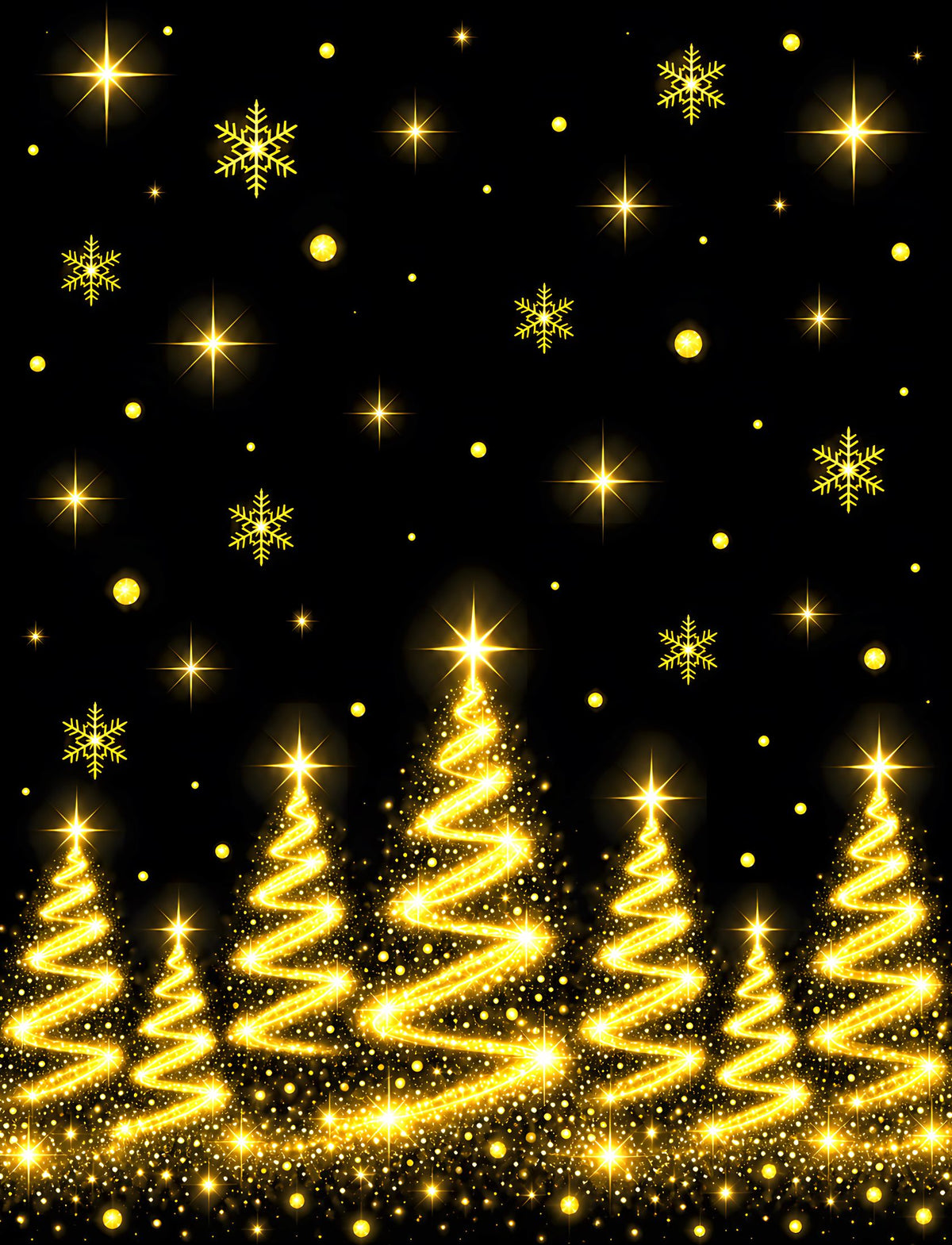 Detail view of the glowing golden Christmas trees, snowflakes, and elegant script design