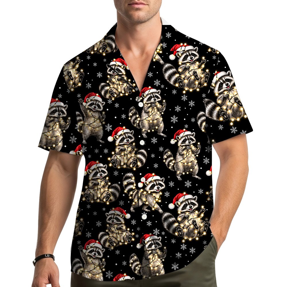 Detail view of the Christmas raccoon hawaiian shirt pattern