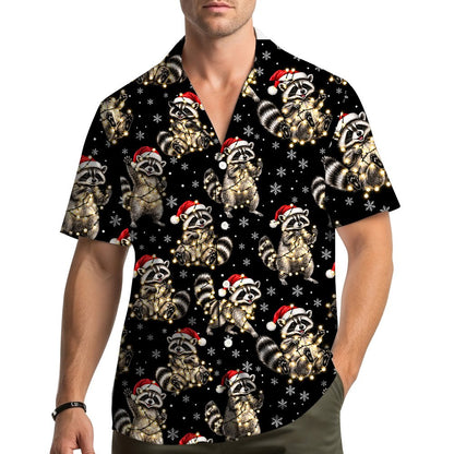 Detail view of the Christmas raccoon hawaiian shirt pattern