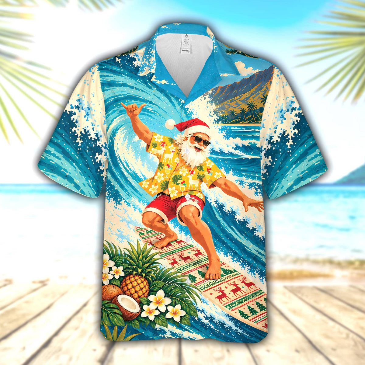 Tropical surfing Santa photo hawaiian shirt, front view