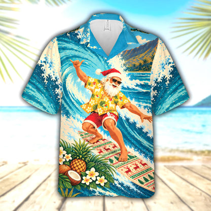Tropical surfing Santa photo hawaiian shirt, front view