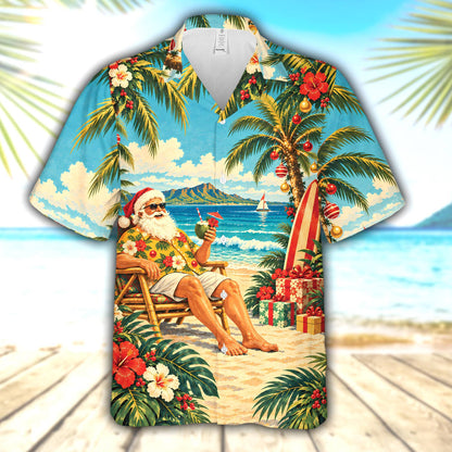Front view of the light blue christmas hawaiian shirt with tropical holiday print