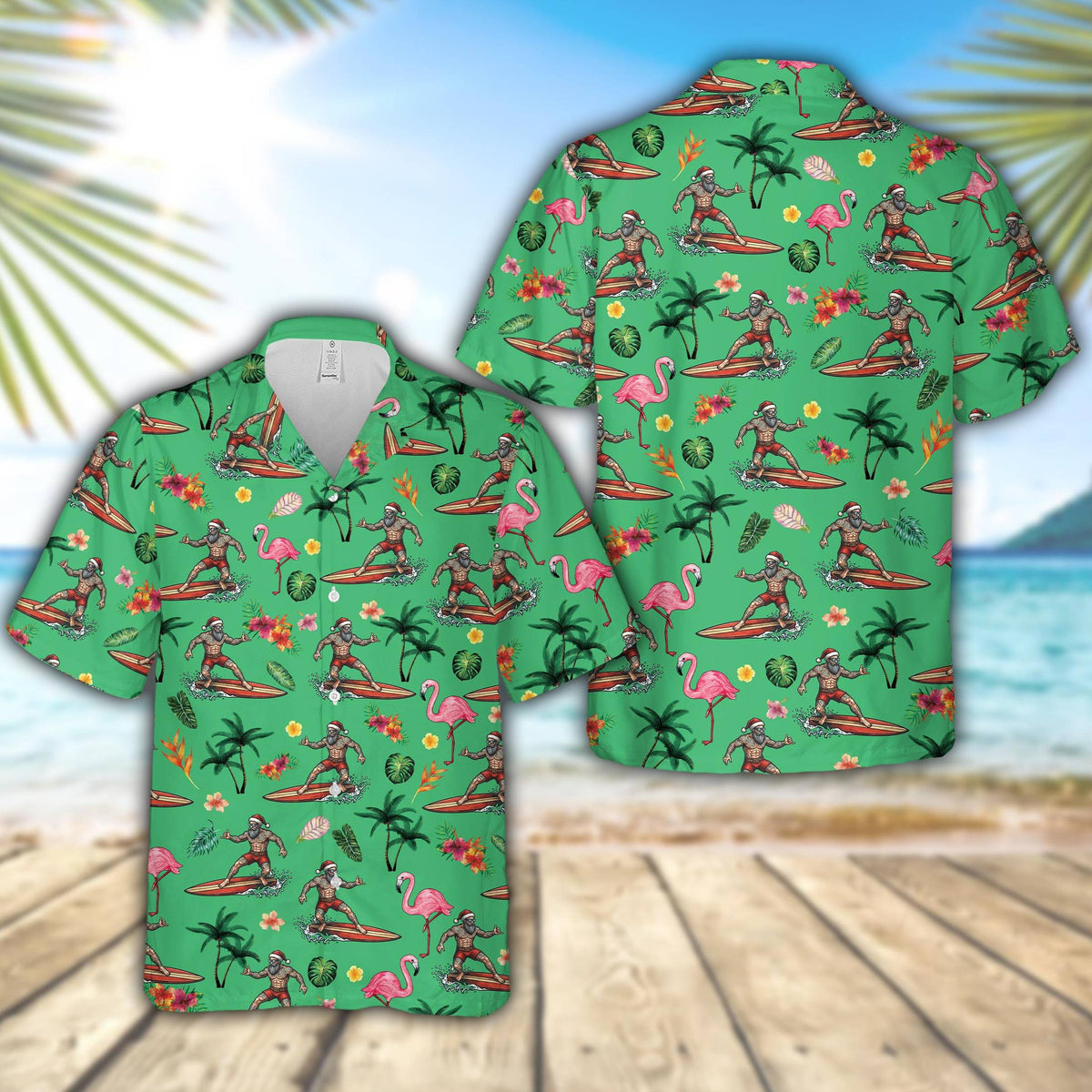 Green christmas hawaiian shirt with surfing Santa and flamingos pattern, main view