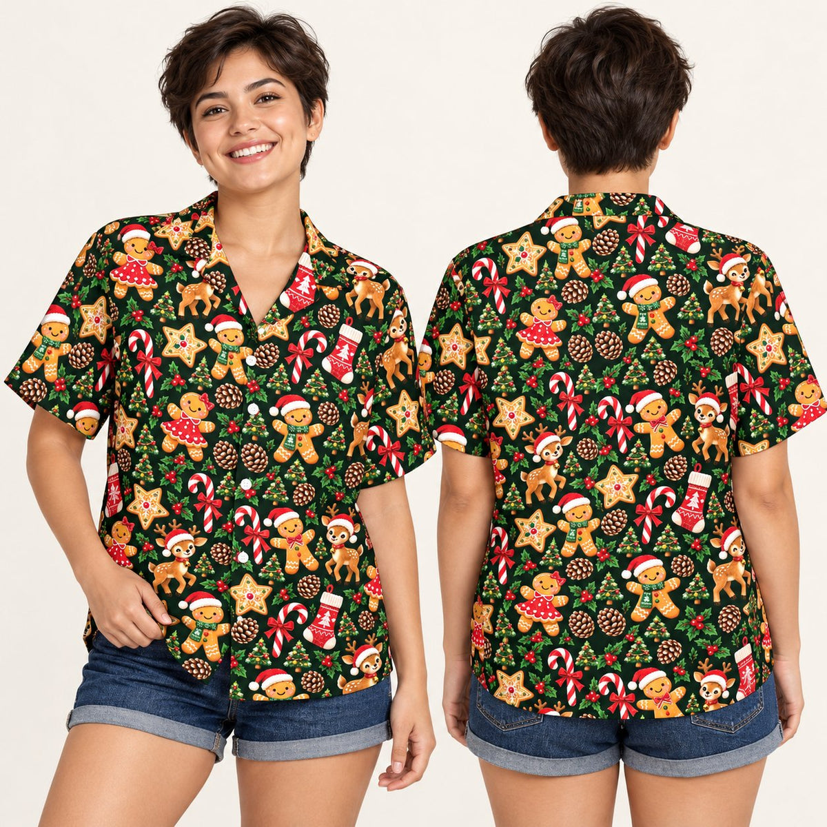 Main view of matching family christmas hawaiian shirt featuring holiday motifs on a green background