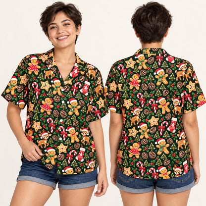 Main view of matching family christmas hawaiian shirt featuring holiday motifs on a green background