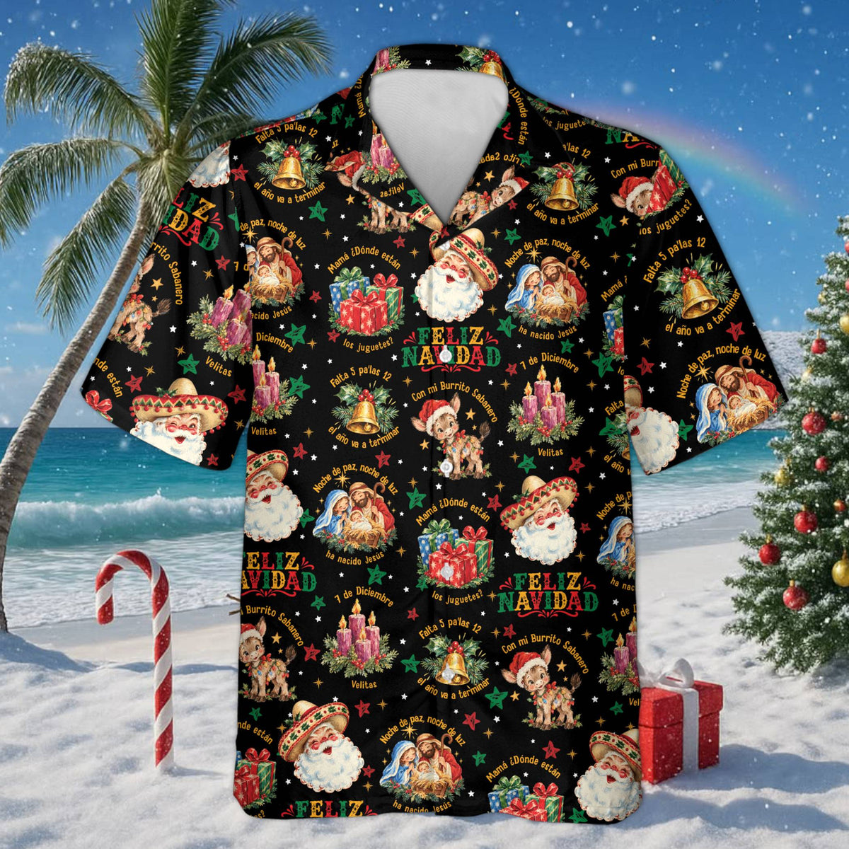 Family wearing matching christmas hawaiian shirts with pink and teal mexican holiday pattern