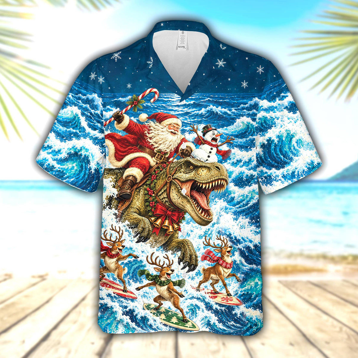 Matching family christmas hawaiian shirt with Santa riding a T-Rex in waves, front view