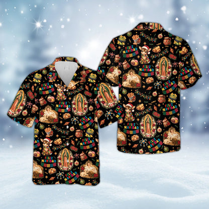 Multicolor front view of the holiday hawaiian shirt with piñata and tamale motifs