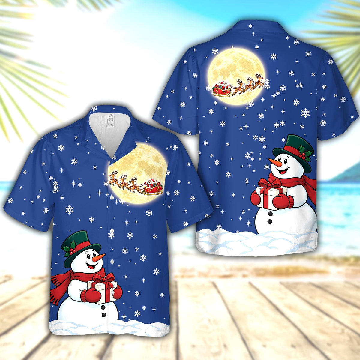 Festive matching family hawaiian shirt with colorful winter holiday design, front view.