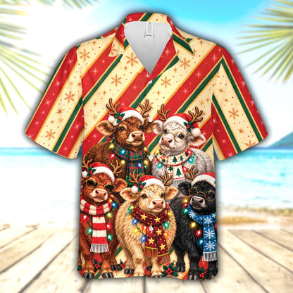 Close-up view of the matching family hawaiian shirt with Highland cattle wearing Santa hats and lights