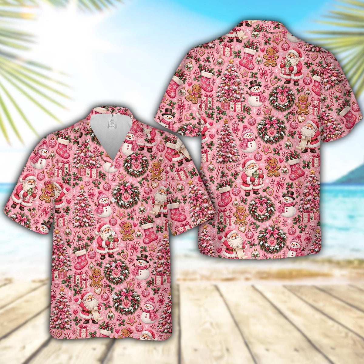 Matching family hawaiian shirts featuring a pink background with cute Christmas motifs, main view