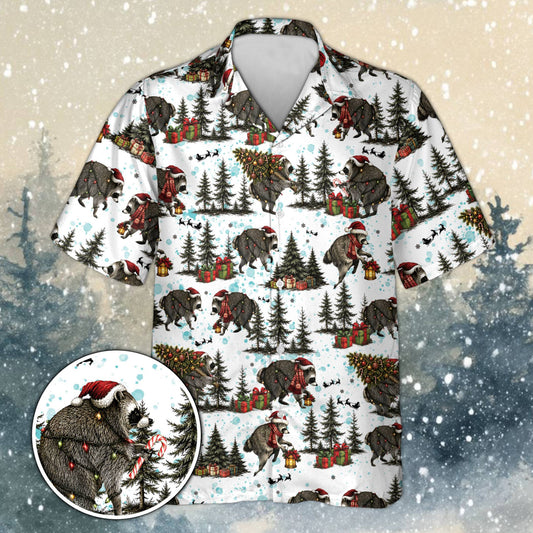 Matching family Christmas Hawaiian shirt mens and womens style with raccoon print, main view