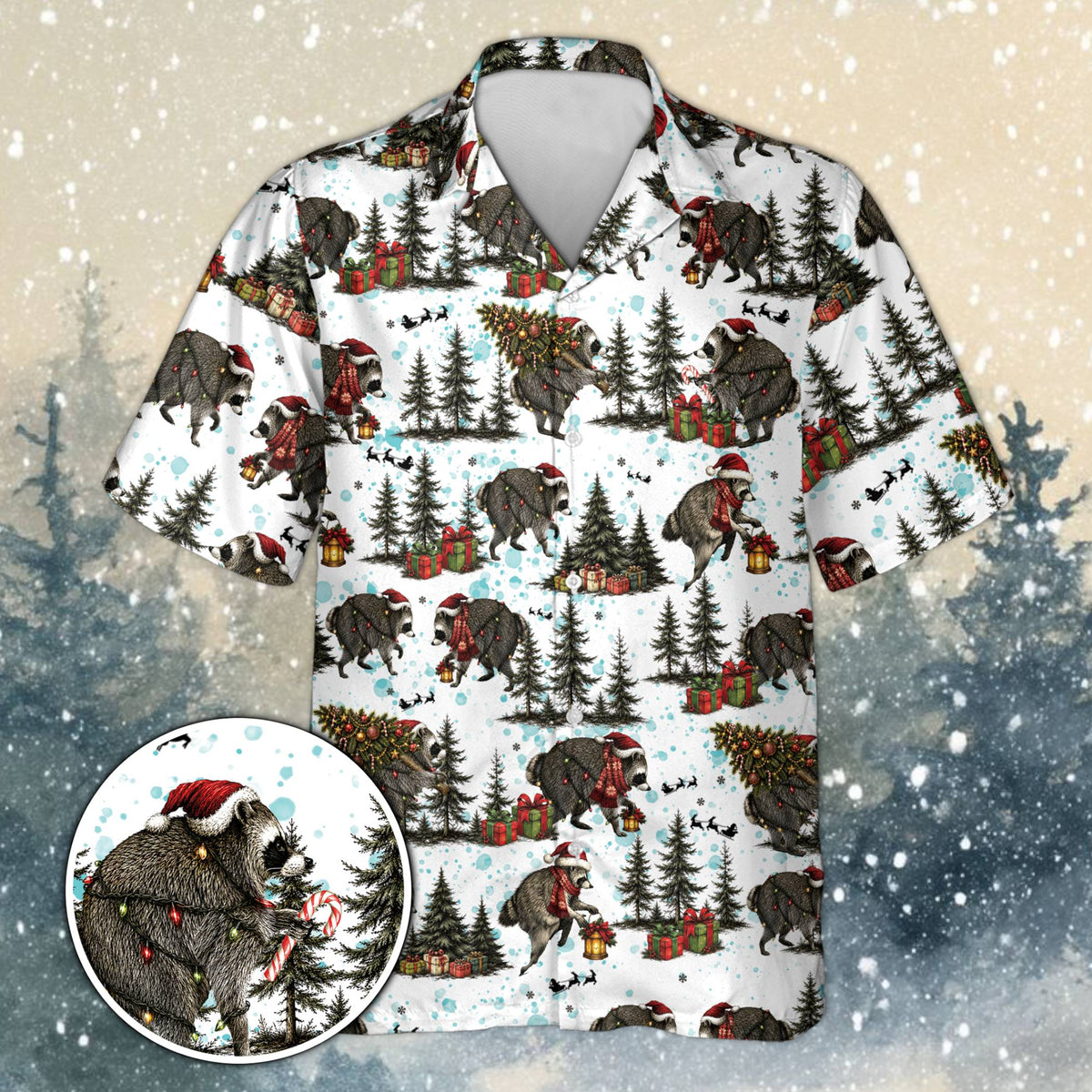 Front view of the Christmas Hawaiian shirt featuring festive raccoons