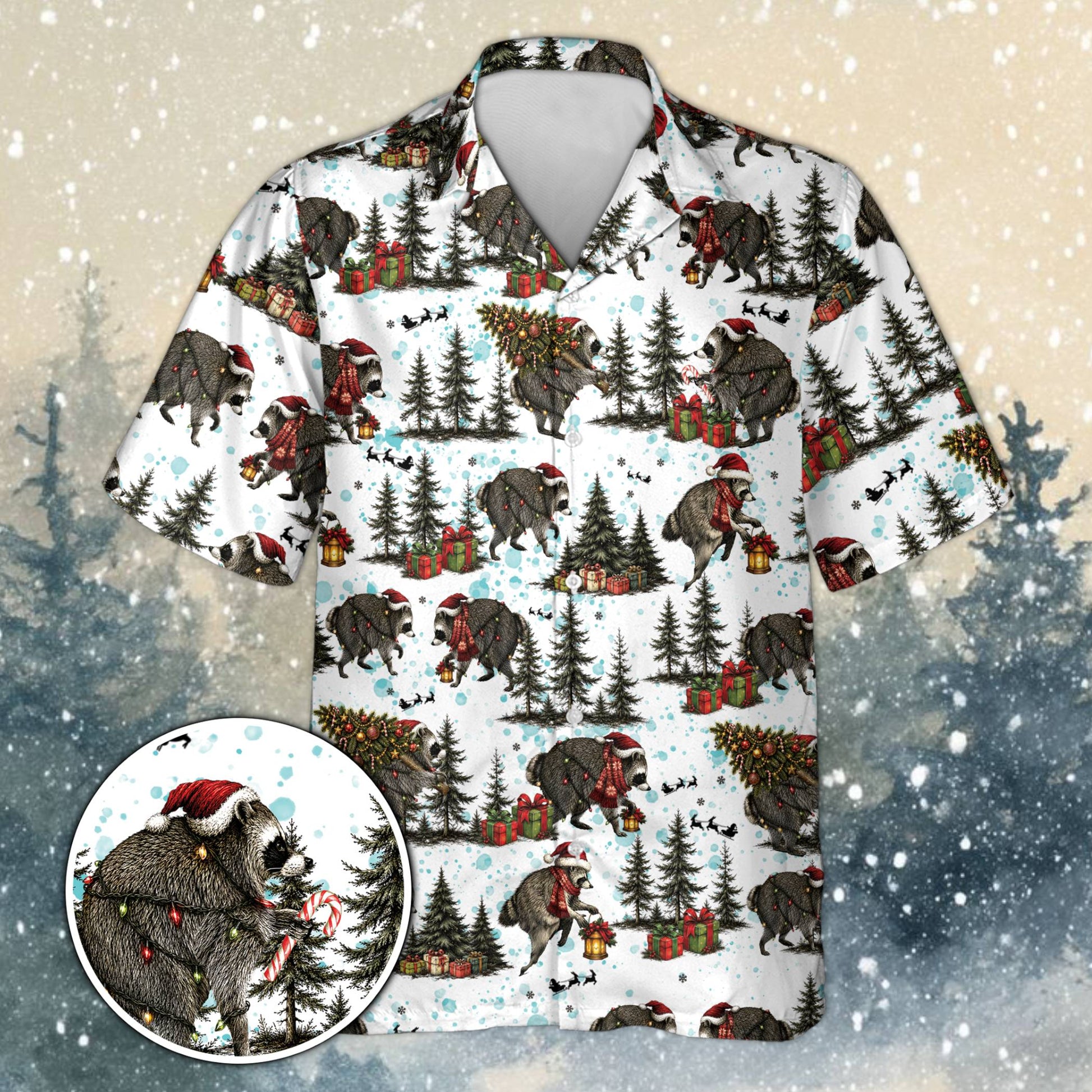 Front view of the Christmas Hawaiian shirt featuring festive raccoons
