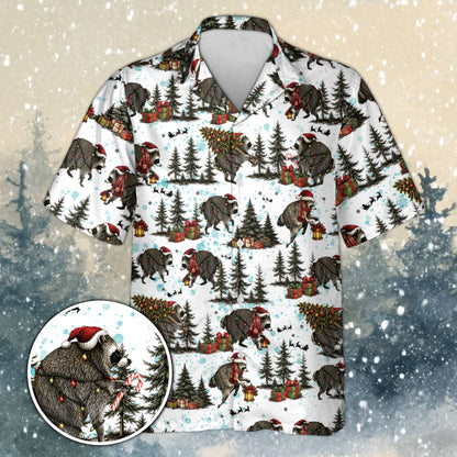 Front view of the Christmas Hawaiian shirt featuring festive raccoons