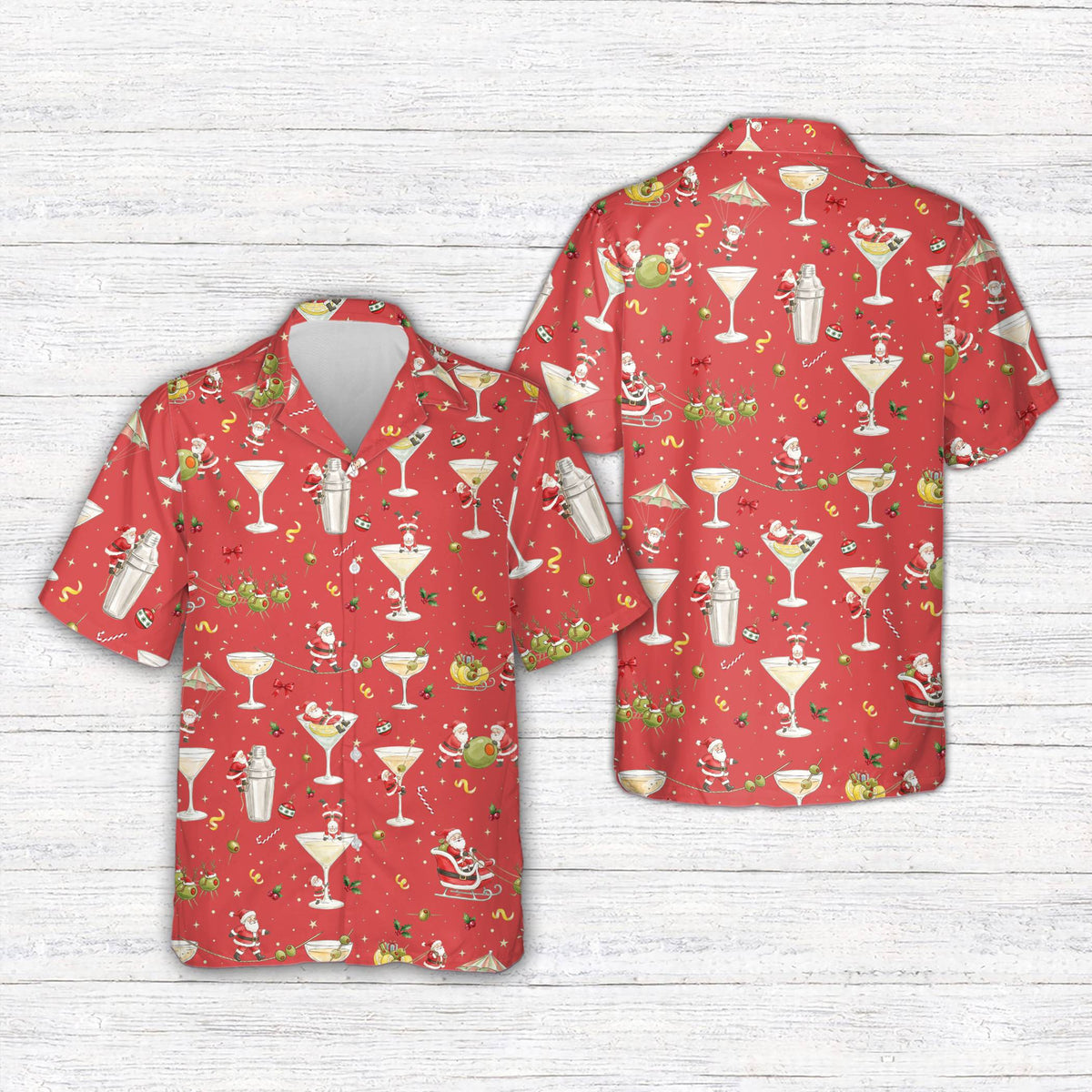 Multicolor holiday hawaiian shirt with Santa pattern, front view