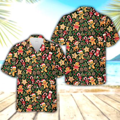 Another front view of the matching family hawaiian shirt with classic holiday pattern