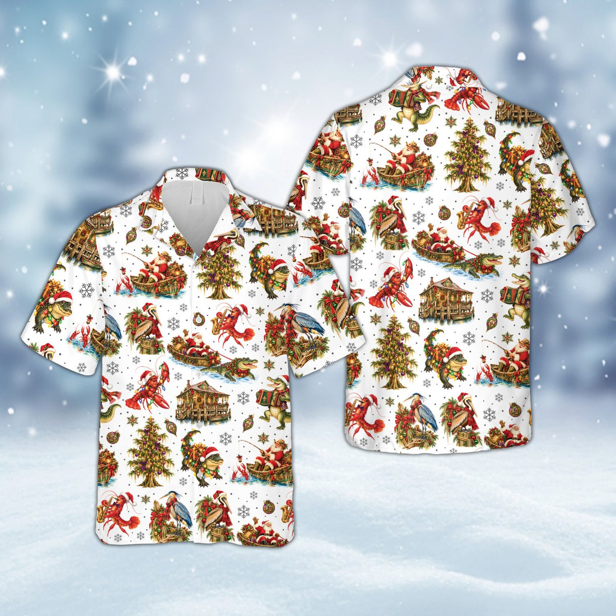 Multicolor matching family hawaiian shirts featuring festive crawfish, front view