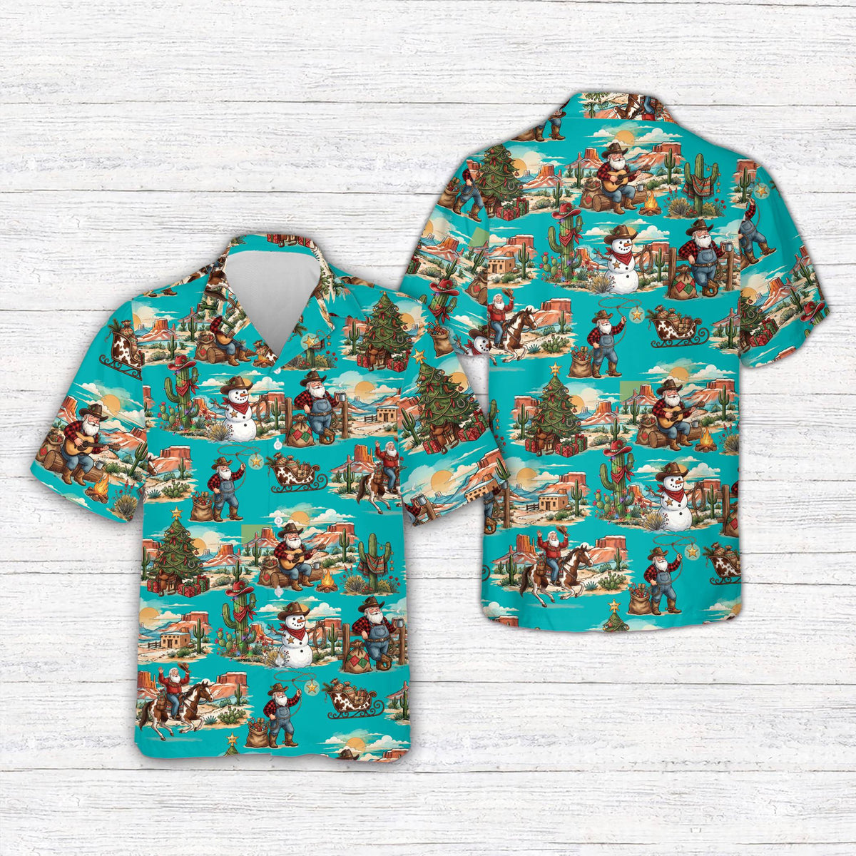 Detailed front view of the Western holiday hawaiian shirt with cacti and snowmen
