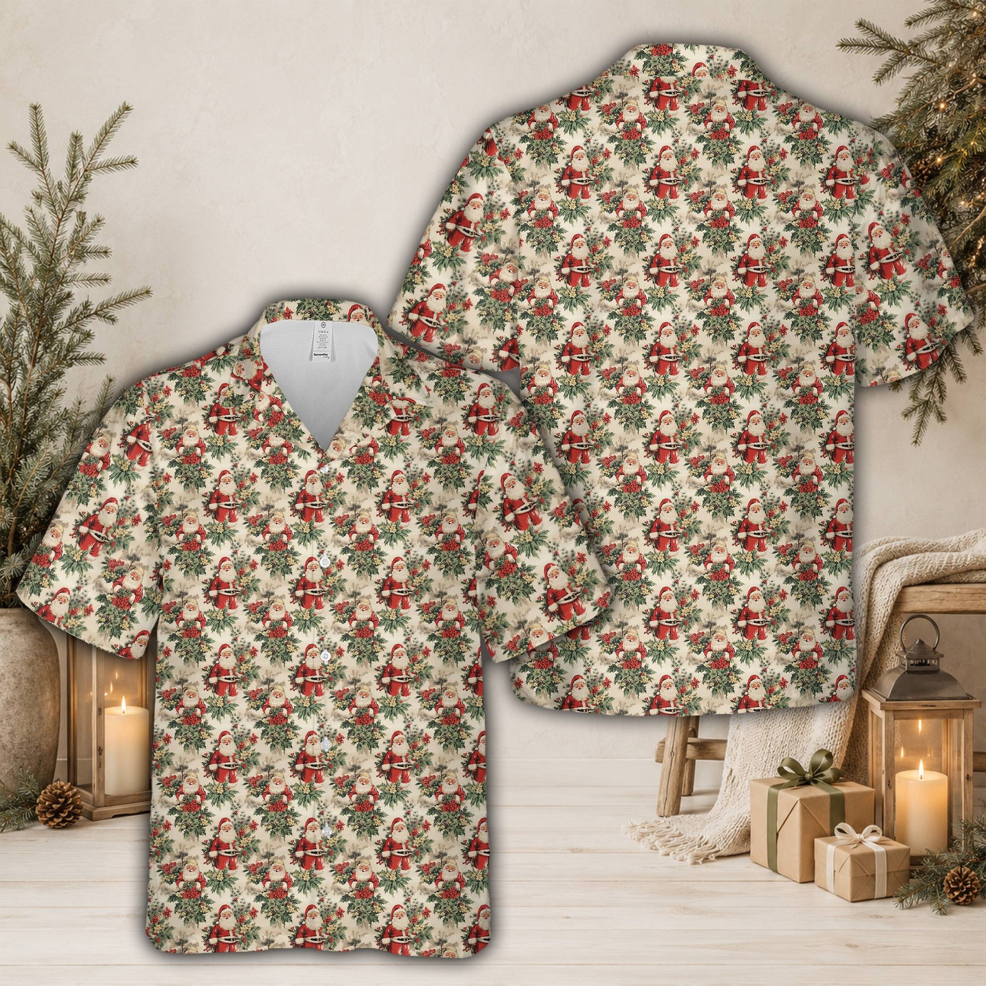Front view of matching family hawaiian shirts in beige with Christmas village scenes