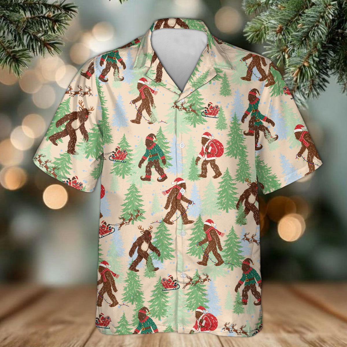 Alternative front view of the bigfoot holiday hawaiian shirt