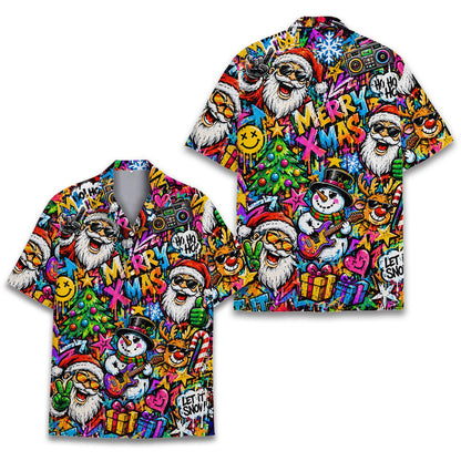 Close up of the multicolor christmas hawaiian shirt front design