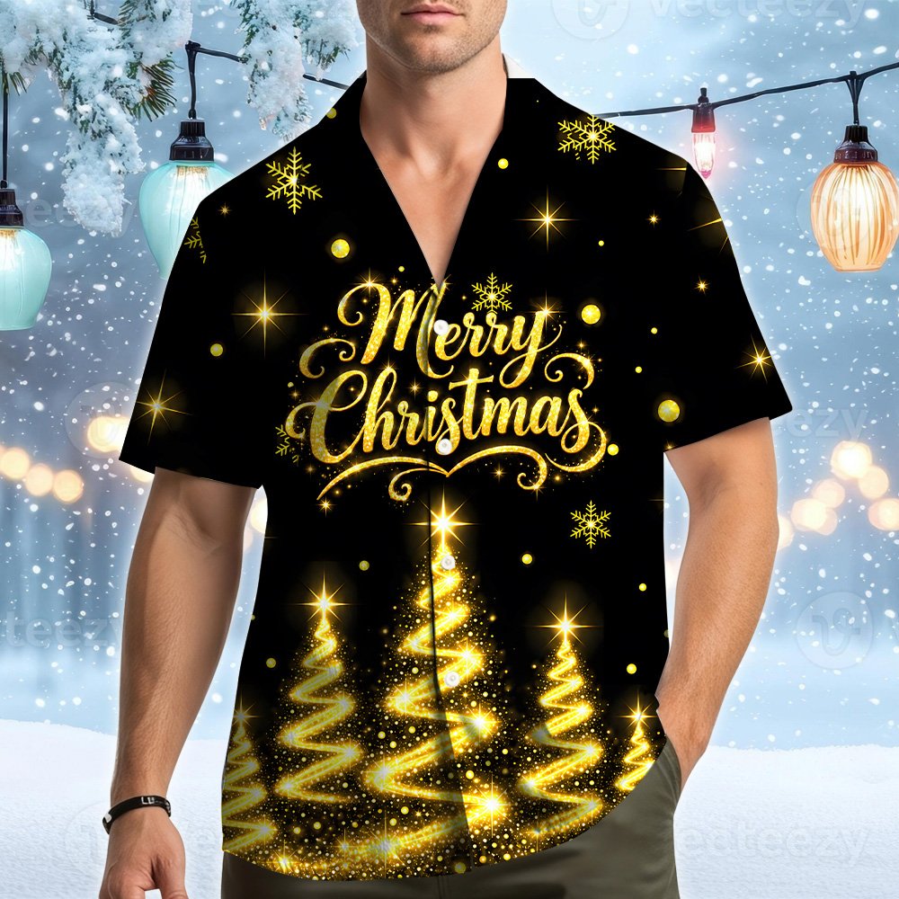 Alternate front view of the black and gold holiday hawaiian shirt