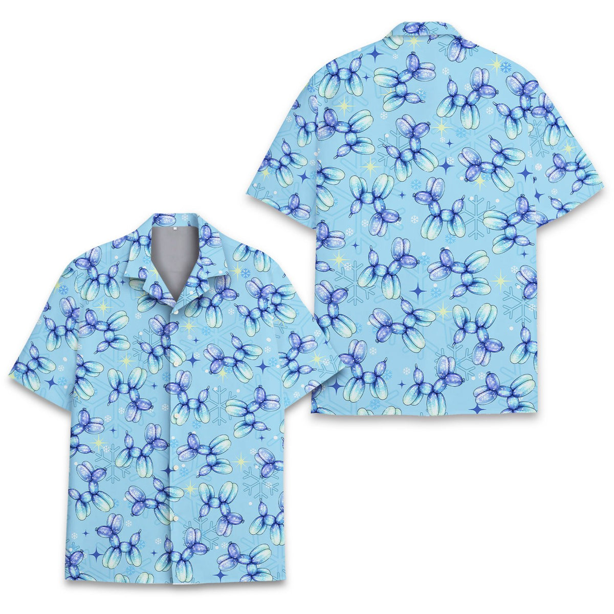 Light blue christmas hawaiian shirt with balloon dog and snowflake pattern, flat front view