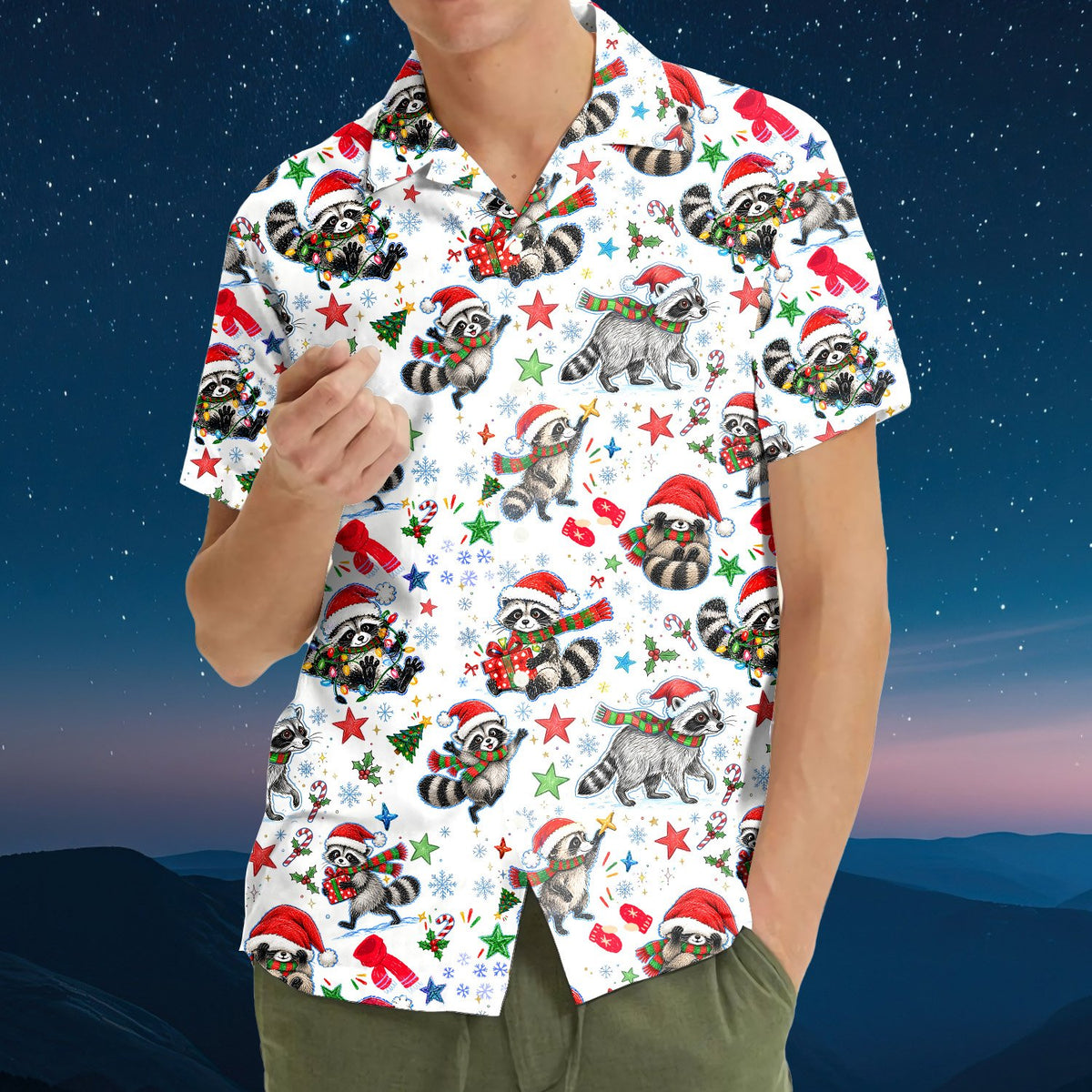 Multicolor holiday hawaiian shirt, front view.