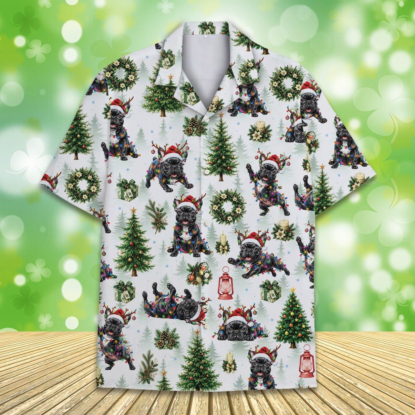 Close-up of the front design with dogs in Santa hats
