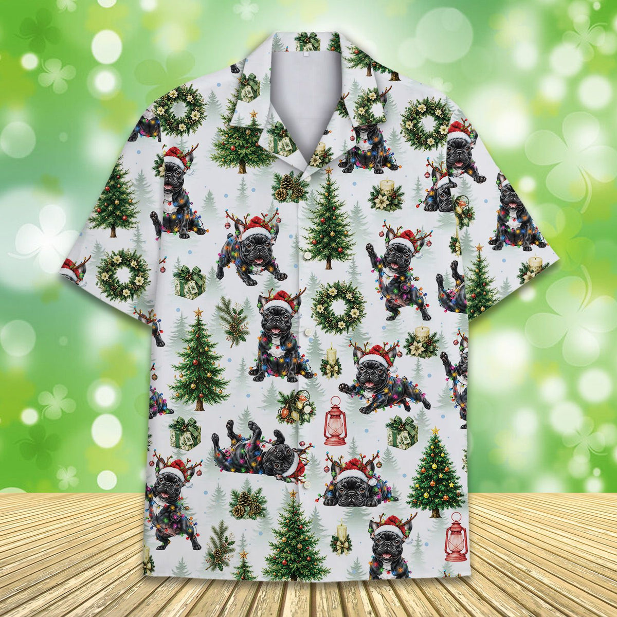 Close-up of the front design with dogs in Santa hats