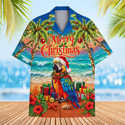 Close-up front view of the holiday hawaiian shirt showcasing the macaw in a Santa hat