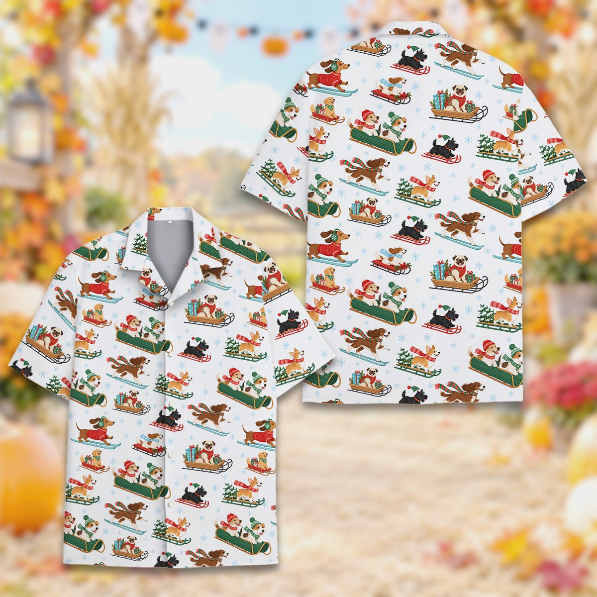 Another front view of the festive dog pattern button-down shirt