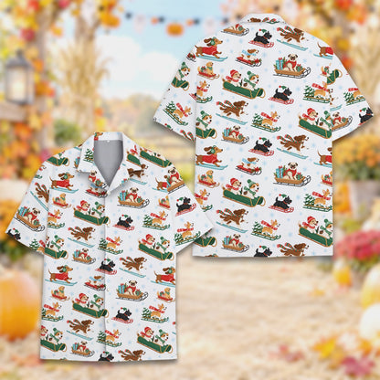 Another front view of the festive dog pattern button-down shirt