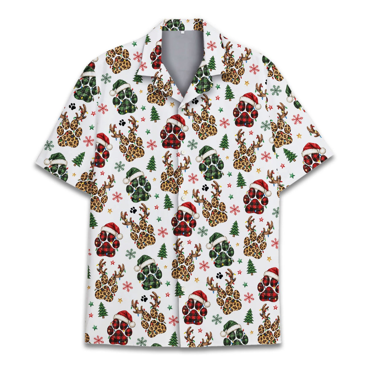 Alternate front view of the festive dog paw print hawaiian shirt
