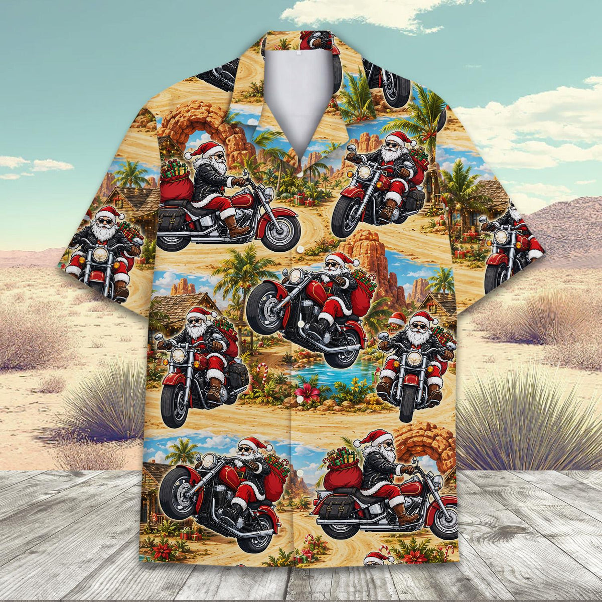 Detailed front view of the holiday hawaiian shirt with desert and palm tree print