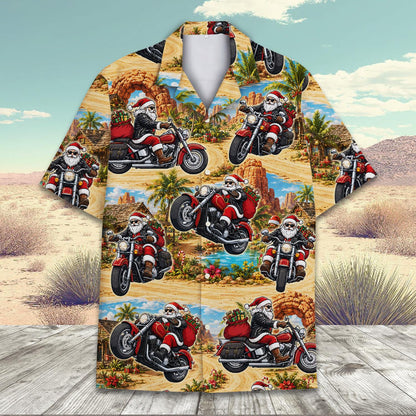 Detailed front view of the holiday hawaiian shirt with desert and palm tree print