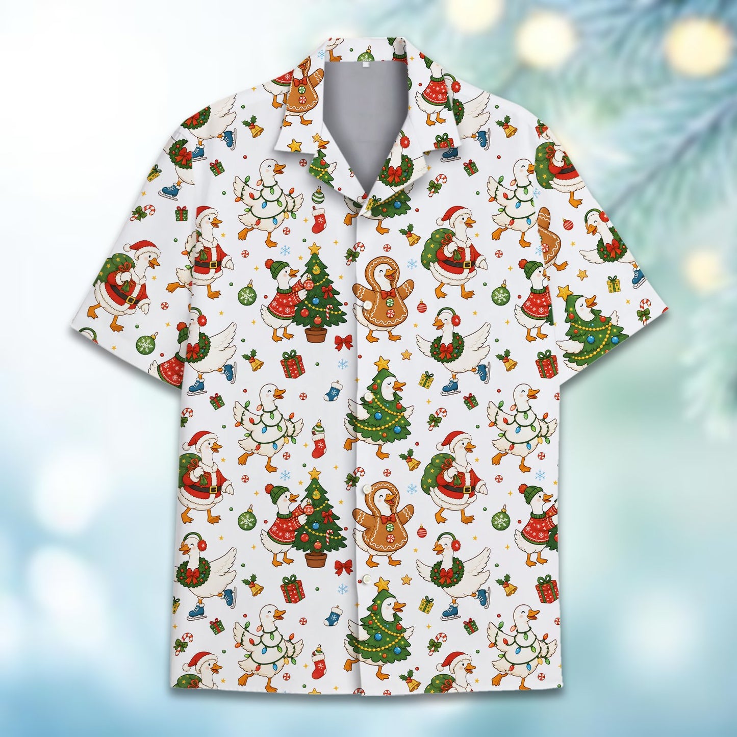 Alternative front view of the matching family christmas hawaiian shirt featuring festive ducks