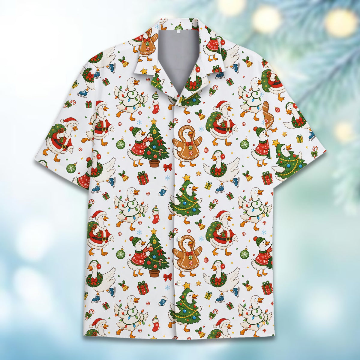 Alternative front view of the matching family christmas hawaiian shirt featuring festive ducks