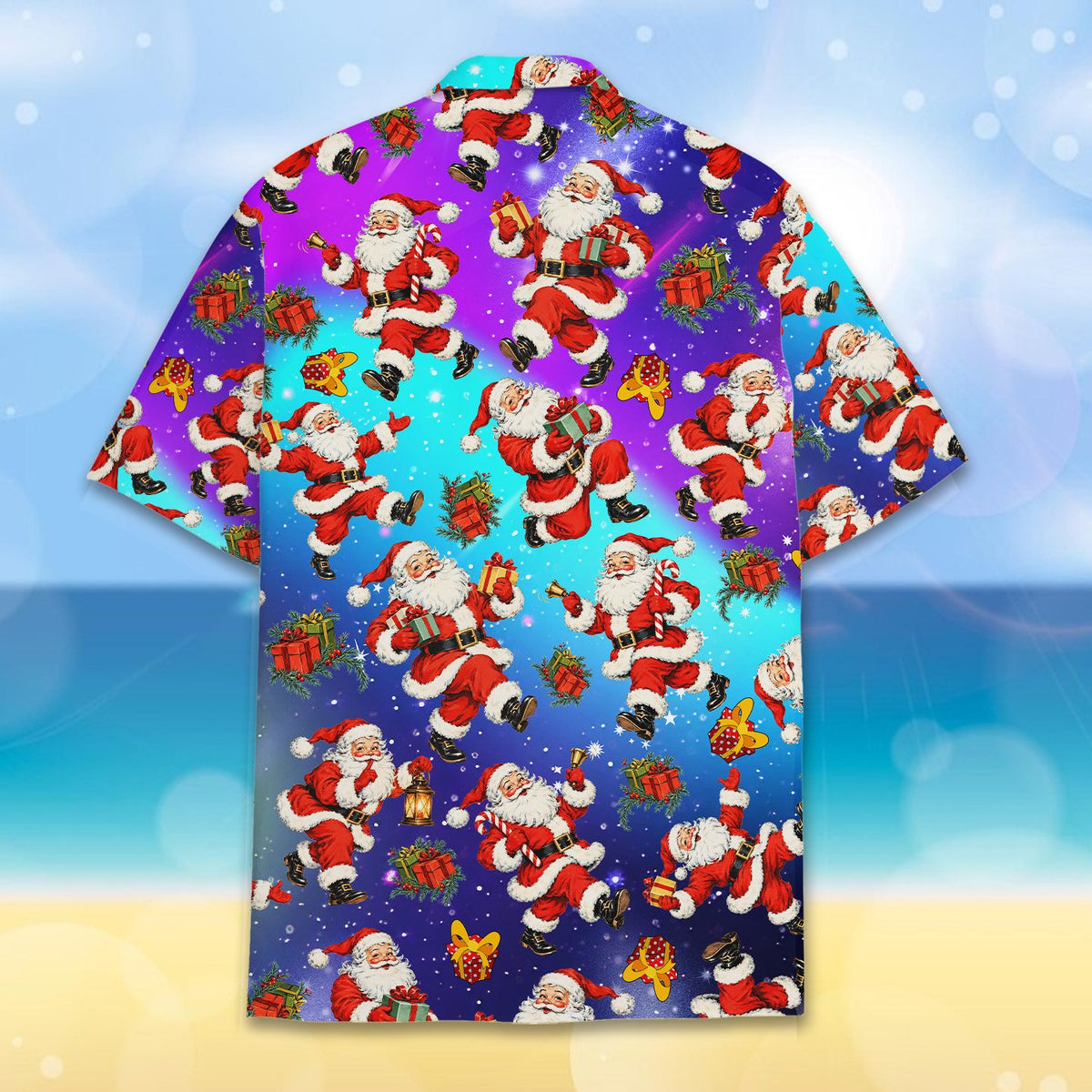 Front view of purple and blue holiday hawaiian shirt