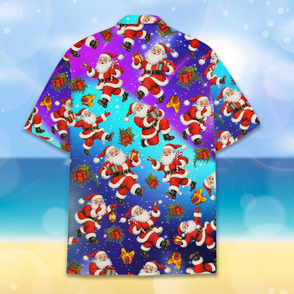 Front view of purple and blue holiday hawaiian shirt