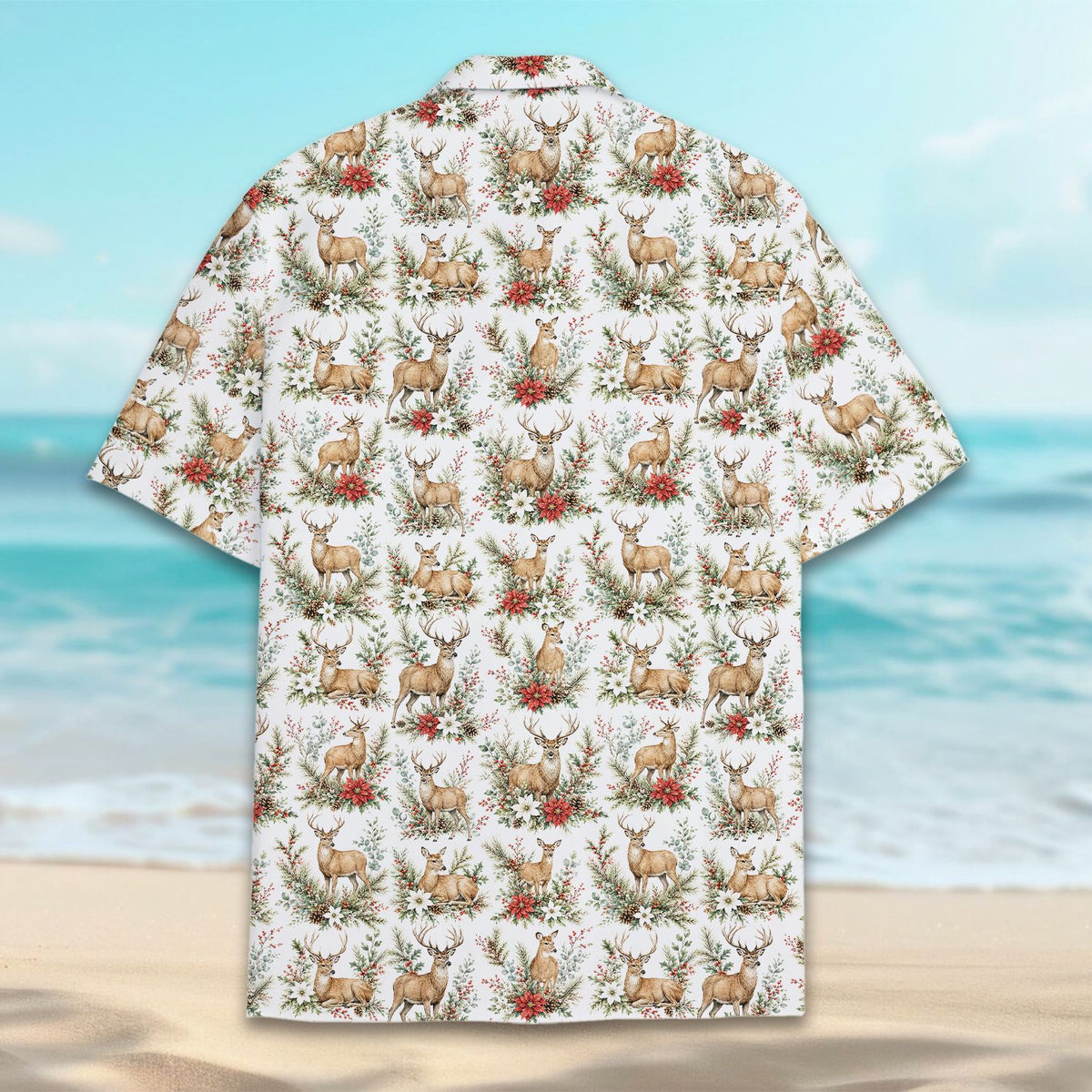 Close-up front view of the white Christmas hawaiian shirt with red berries